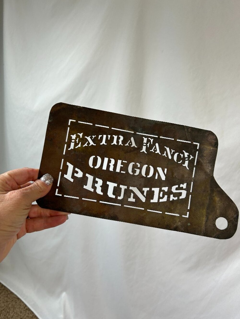 White Stamp & Seal Co. Vintage Brass Oregon Prunes Fruit Box Stencil